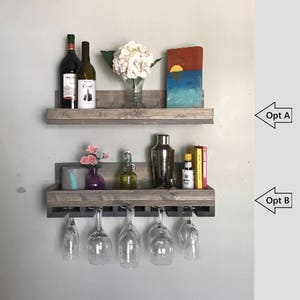 Wood Wall Mounted Wine Rack | The Ryan | Shelf & Glass Holder Organizer Floating Ledge Unique Rustic Bar Shelves Grey