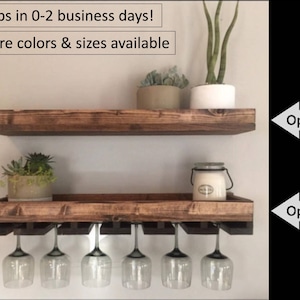 Low profile Wood Wine Rack | The Low Riser | Shelf & Hanging Stemware Glass Holder Organizer Bar Rustic Bar Shelving