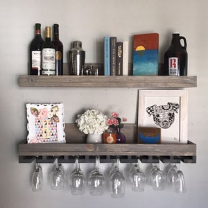 Wood Wine Rack Shelves | The Ryan | Wall Mounted Shelf & Hanging Stemware Glass Holder Organizer Bar Shelf Floating Ledge Rustic Bar Shelf