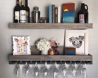 Wood Wine Rack Shelves | The Ryan | Wall Mounted Shelf & Hanging Stemware Glass Holder Organizer Bar Shelf Floating Ledge Rustic Bar Shelf