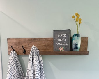 Towel Rack & Bathroom Shelf Organizer | The Olivia | Key Hooks Wall Mounted Coat Rack Catch All Leash Mask Holder Rustic Modern Unique Rack