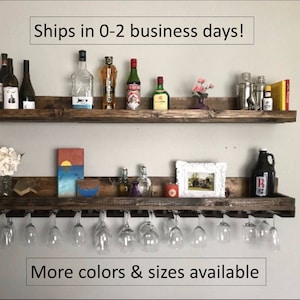 Wood Wine Rack Shelves | The Ryan | Wall Mounted Shelf & Hanging Stemware Glass Holder Organizer Bar Shelf Unique Rustic Bar Shelving