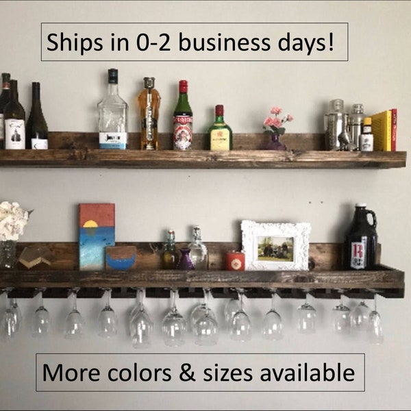 Wood Wine Rack Shelves | The Ryan | Wall Mounted Shelf & Hanging Stemware Glass Holder Organizer Bar Shelf Unique Rustic Bar Shelving