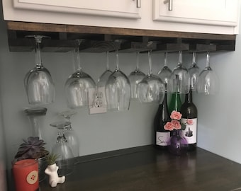 UNDER CABINET Mounted Rustic Wood Wine Rack | Hanging Stemware Glass Holder Organizer Bar Unique Cabinet Mounted