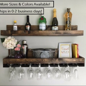 Wood Wine Rack Shelves The Ryan Wall Mounted Shelf & Hanging Stemware Glass Holder Organizer Bar Shelf Unique Rustic image 1