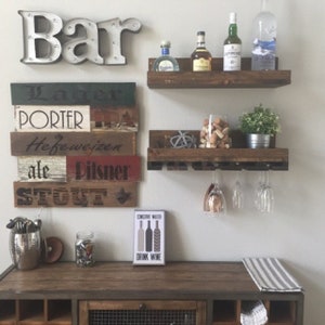 Wood Wine Rack | The Ryan | Shelf & Glass Holder Organizer Unique Bar Shelves Rustic Shelving Wine Glass Storage
