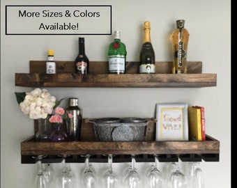 Wood Wine Rack | The Ryan | Wall Mounted Shelf & Hanging Stemware Glass Holder Organizer Bar Shelf Unique Rustic