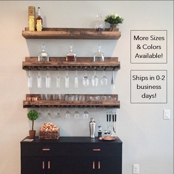 Wood Wine Rack | The Ryan | Wall Mounted Shelf & Hanging Stemware Glass Holder Organizer Bar Shelf Unique Rustic Bar Shelves