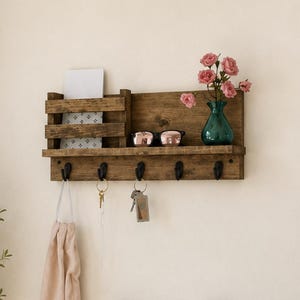 Entryway Key Rack & Mail Organizer | The Madison | Mug Hooks Wall Mounted Coat Rack Leash Holder Rustic Command Center image 3