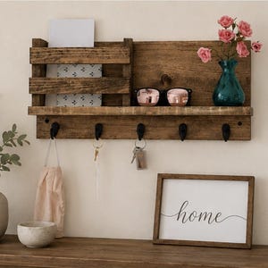 Entryway Key Rack & Mail Organizer | The Madison | Mug Hooks Wall Mounted Coat Rack Leash Holder Rustic Command Center image 4