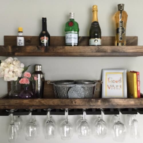 Wood Wine Rack | The Ryan | Wall Mounted Shelf & Hanging Stemware Glass Holder Organizer Bar Shelf Unique Rustic