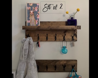 Set of 2 Coat Rack WITH & withOUT Shelf | The Ed | Entryway Organizer Towel Rack Key Hooks Wall Mounted Rustic Key Holder with Storage