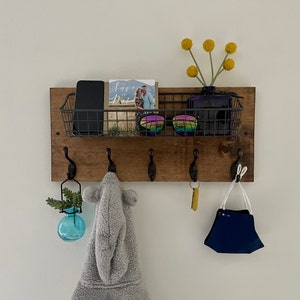 Industrial Basket Entryway Organizer | The Pat | Key Hooks Wall Mounted Coat Rack Catch All Leash Mask Holder Rustic Modern Mail Organizer