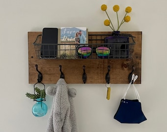 Industrial Basket Entryway Organizer | The Pat | Key Hooks Wall Mounted Coat Rack Catch All Leash Mask Holder Rustic Modern Mail Organizer