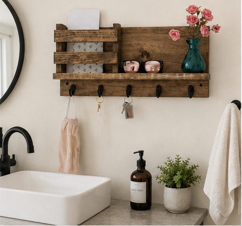 Entryway Key Rack & Mail Organizer | The Madison | Mug Hooks Wall Mounted Coat Rack Leash Holder Rustic Command Center image 5