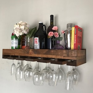 Low profile Wood Wine Rack The Low Riser Shelf & Hanging Stemware Glass Holder Organizer Bar Rustic Bar Shelving image 4