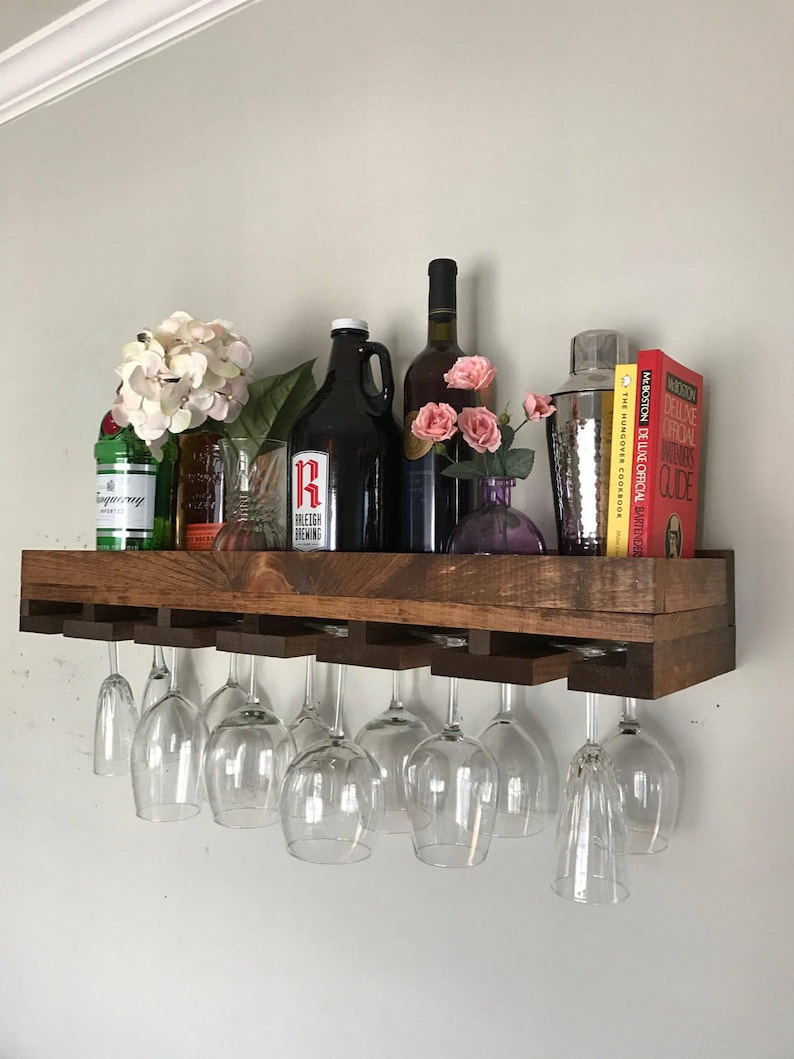 Low profile Wood Wine Rack The Low Riser Shelf & Hanging Stemware Glass Holder Organizer Bar Rustic Bar Shelving image 4