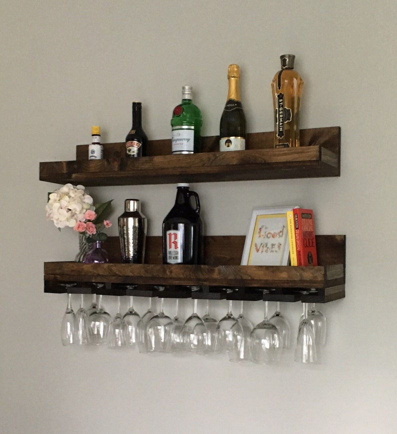 Wood Wine Rack Wall Mounted Shelf & Hanging Stemware Glass image 1