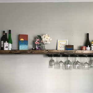 Asymmetrical Long Rustic Wood Wine Rack Shelf & Coffee Bar | Wall Mounted Coffee Mug Holder Stemware Glass Holder Organizer Bar Shelf Unique