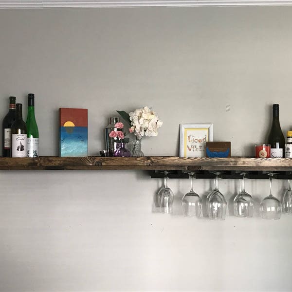 Asymmetrical Long Rustic Wood Wine Rack Shelf & Coffee Bar | Wall Mounted Coffee Mug Holder Stemware Glass Holder Organizer Bar Shelf Unique