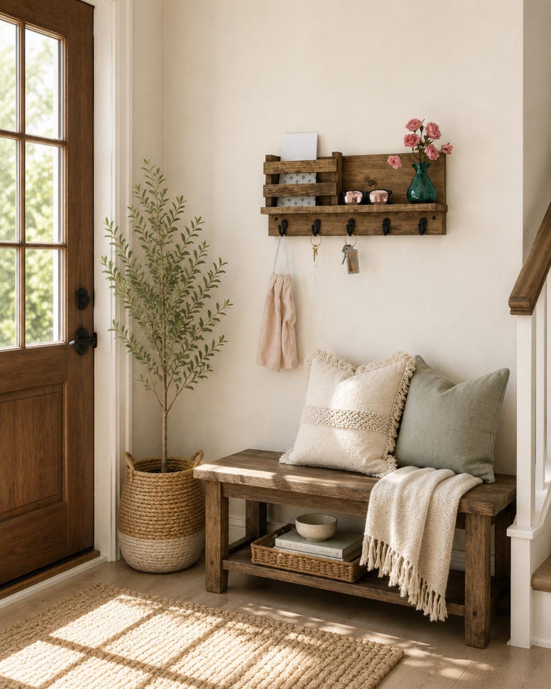 Entryway Key Rack & Mail Organizer | The Madison | Mug Hooks Wall Mounted Coat Rack Leash Holder Rustic Command Center image 3