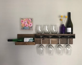 Rustic Wood Wine Rack | The Kaitlyn | Wall Mounted Shelf, Stemware, Stemless Wine Glass Holder Wine Bottle Organizer Unique