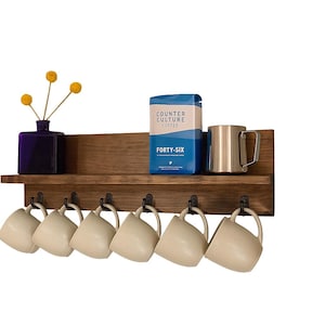 Coffee Cup Mug Rack with Shelf | The CHS | Rustic Modern Wood Wall Mounted Shelf Display Hook Organizer Mask Holder Coat Key Rack Key Holder