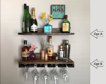 NO LIP Shelves: Rustic Wood Wine Rack | Wall Mounted Shelf & Stemware Glass Holder Organizer Unique Picture Ledge