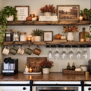 May include: Two rustic wooden shelves mounted on a wall, displaying glass canisters labeled coffee, tea, and sugar, mugs, wine glasses, potted plants, pumpkins, candles, framed signs with text, and books. A coffee machine sits on the wooden counter below.