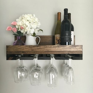 Wood Wine Rack | The Ryan | Wall Mounted Shelf & Stemware Glass Holder Organizer Unique Rustic