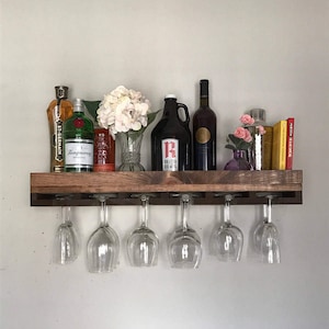 Low profile Wood Wine Rack The Low Riser Shelf & Hanging Stemware Glass Holder Organizer Bar Rustic Bar Shelving image 3
