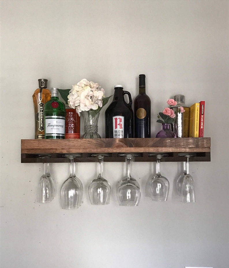 Low profile Wood Wine Rack The Low Riser Shelf & Hanging Stemware Glass Holder Organizer Bar Rustic Bar Shelving image 3