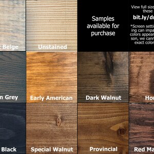 May include: A grid of eleven wood stain color samples including Rustic Beige, Unstained, Carbon Grey, Early American, Dark Walnut, Honey, True Black, Special Walnut, Provincial, and Red Mahogany. Text includes Samples available for purchase and bit.ly/dmn-stain.