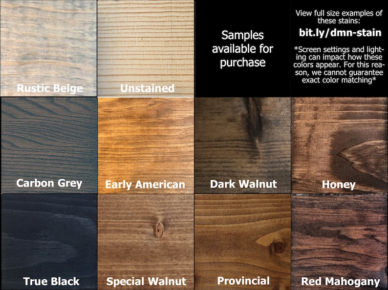 May include: A grid of eleven wood stain color samples including Rustic Beige, Unstained, Carbon Grey, Early American, Dark Walnut, Honey, True Black, Special Walnut, Provincial, and Red Mahogany. Text includes Samples available for purchase and bit.ly/dmn-stain.