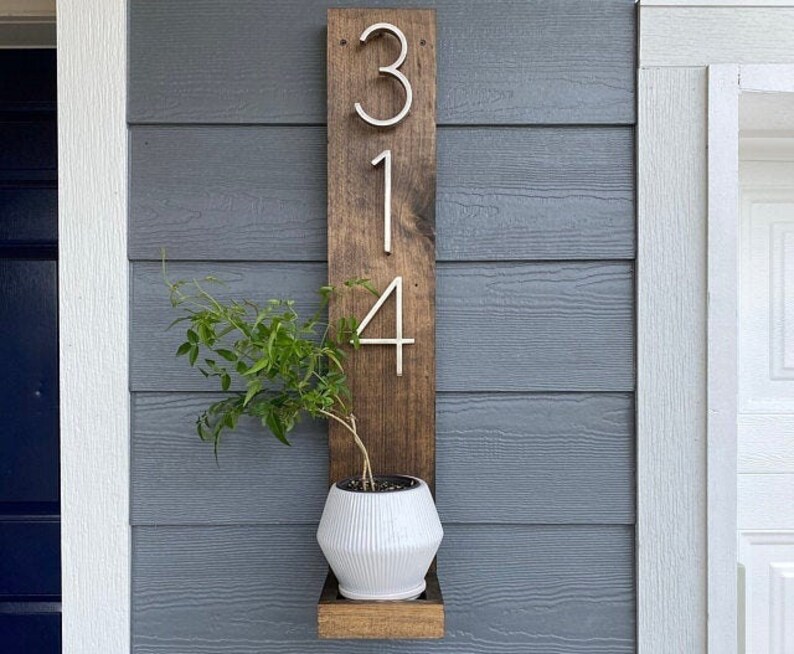 Address Plaque Sign with Planter Shelf | Rustic Modern Wood & Metal Personalized Box Number Sign Vertical 3D Mailbox B 