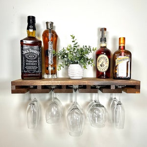 Floating Wood Wine Rack | The FLOATER | Shelf & Hanging Stemware Glass Holder Organizer Bar Rustic Bar Shelving