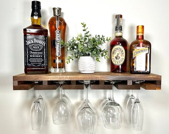 Floating Wood Wine Rack | The FLOATER | Shelf & Hanging Stemware Glass Holder Organizer Bar Rustic Bar Shelving