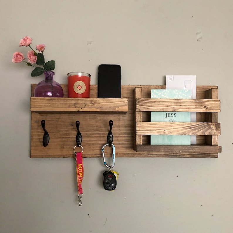Entryway Mail Organizer Key Hooks Wall Mounted Coat Rack Catch All Leash Holder Rustic Modern Unique