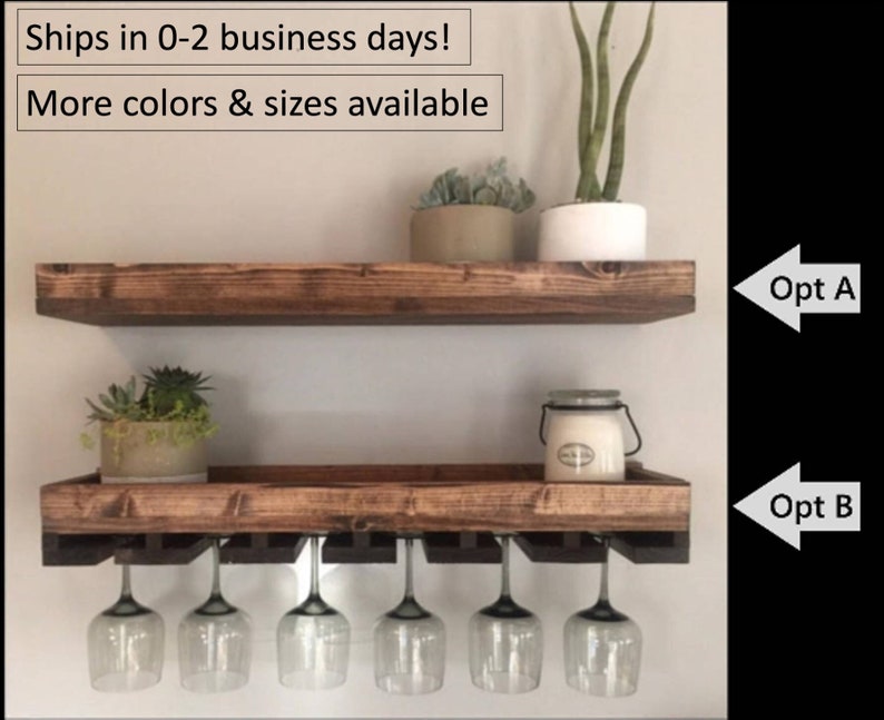 Low profile Wood Wine Rack The Low Riser Shelf & Hanging Stemware Glass Holder Organizer Bar Rustic Bar Shelving image 1