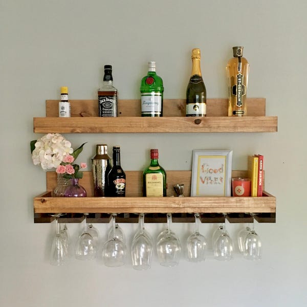 Wood Wine Rack Shelf | The Ryan | Wall Mounted Hanging Stemware Glass Holder Organizer Book Bar Unique Rustic Bar Floating Shelves