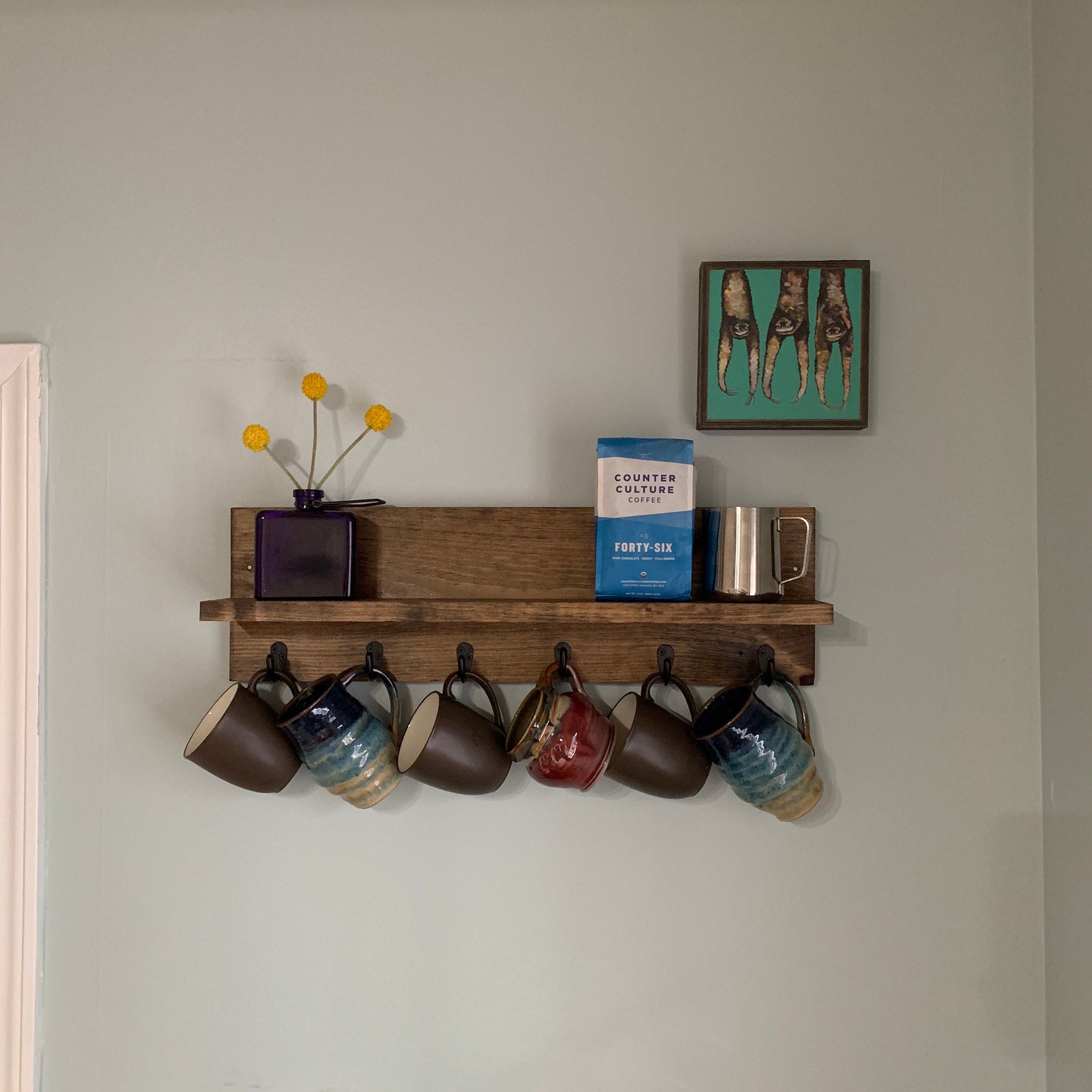 Coffee Cup Mug Rack with Shelf | The CHS | Rustic Modern Wood Wall Mo…