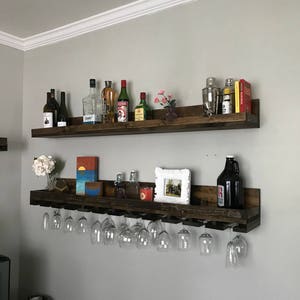 Wood Wine Rack Shelves The Ryan Wall Mounted Shelf & Hanging Stemware Glass Holder Organizer Bar Shelf Unique Rustic Bar Shelving image 5