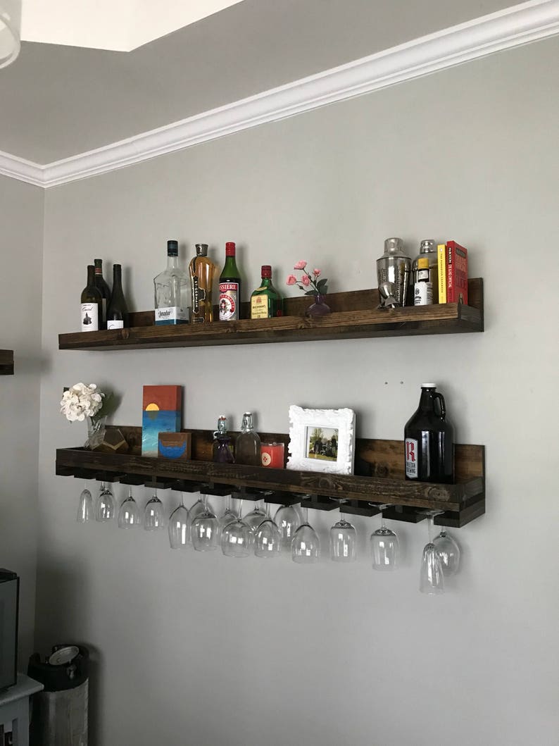 Wood Wine Rack Shelves The Ryan Wall Mounted Shelf & Hanging Stemware Glass Holder Organizer Bar Shelf Unique Rustic Bar Shelving image 5