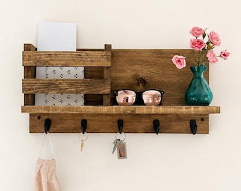 Entryway Key Rack & Mail Organizer | The Madison | Mug Hooks Wall Mounted Coat Rack Leash Holder Rustic Command Center