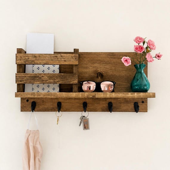 Entryway Key Rack & Mail Organizer | The Madison | Mug Hooks Wall Mounted Coat Rack Leash Holder Rustic Command Center