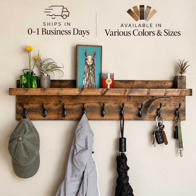 Coat Rack with Shelf | The Ed | Key Holder Entryway Organizer Towel Key Hooks Wall Mounted Leash Mask Wood
