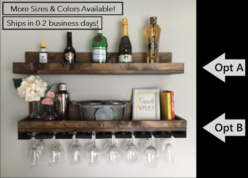 Wood Wine Rack Shelves| The Ryan | Wall Mounted Shelf & Hanging Stemware Glass Holder Organizer Bar Shelf Unique Rustic 