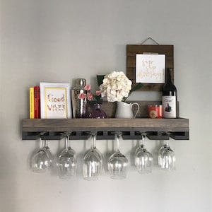 Wood Wine Rack Shelves | The Ryan | Wall Mounted Shelf & Hanging Stemware Glass Holder Organizer Bar Unique Rustic Bar Shelvez