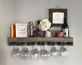 Wood Wine Rack Shelves | The Ryan | Wall Mounted Shelf & Hanging Stemware Glass Holder Organizer Bar Unique Rustic Bar Shelvez