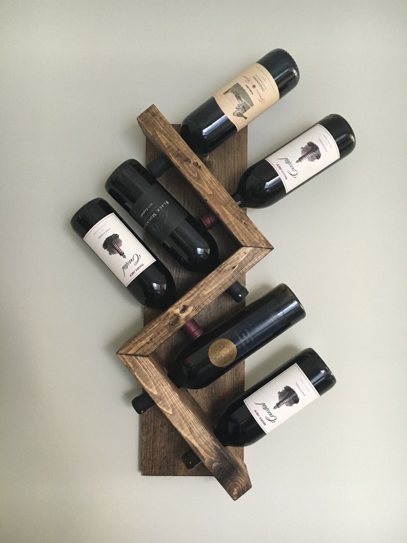 Zig Zag Wine Rack Z Geometric Rustic Wood Wall Mounted Bottle Display Chunky Primitive